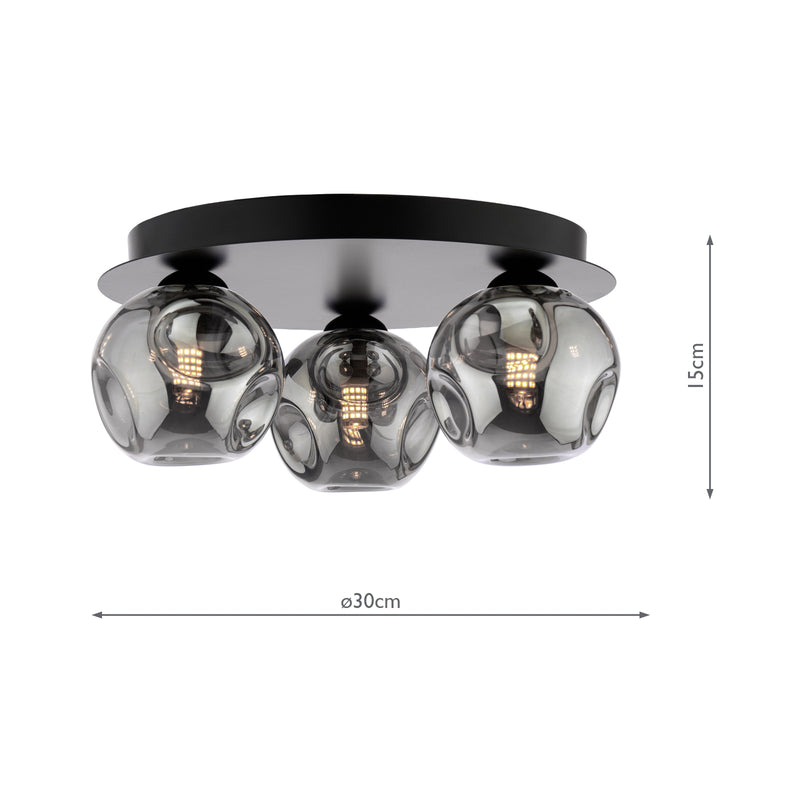 Dar Lighting Foley 3 Light Flush Matt Black With Closed Organic Smoked Glass • FOL5322-28