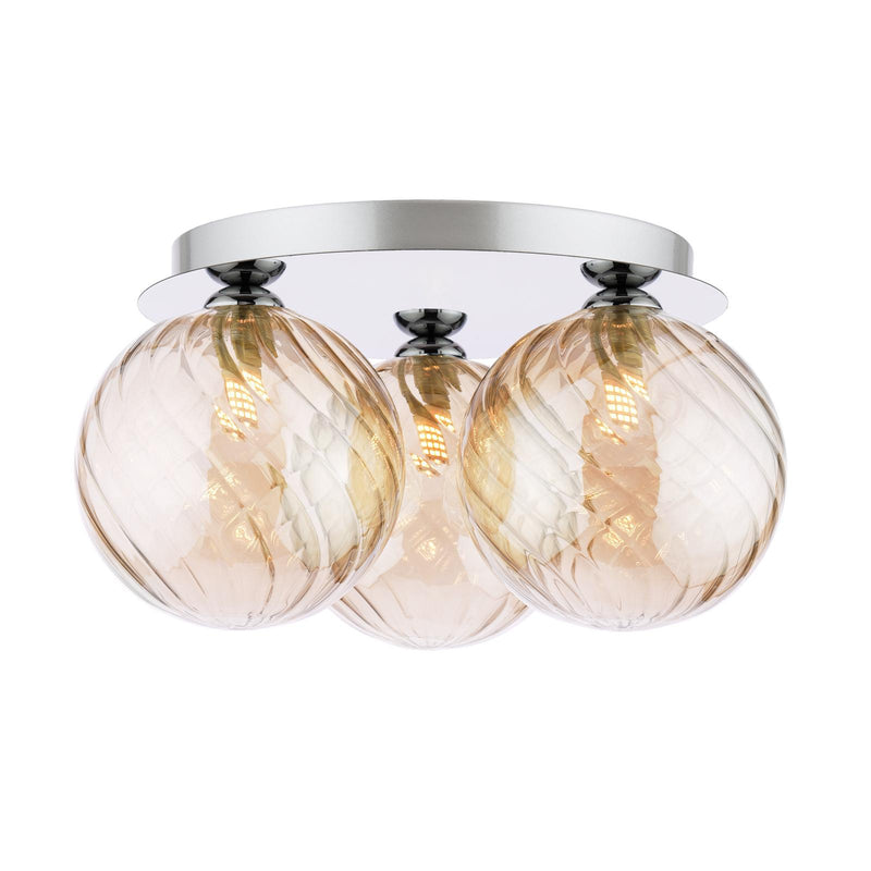 Dar Lighting Foley 3 Light Flush Polished Chrome With Twisted Amber Glass • FOL5350-26