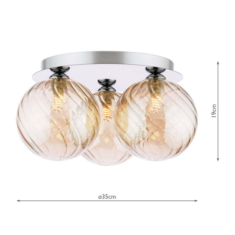 Dar Lighting Foley 3 Light Flush Polished Chrome With Twisted Amber Glass • FOL5350-26