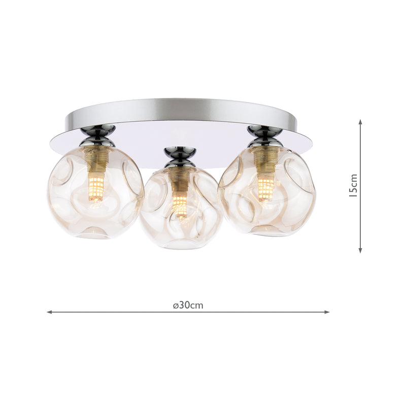 Dar Lighting Foley 3 Light Flush Polished Chrome With Closed Organic Amber Glass • FOL5350-27