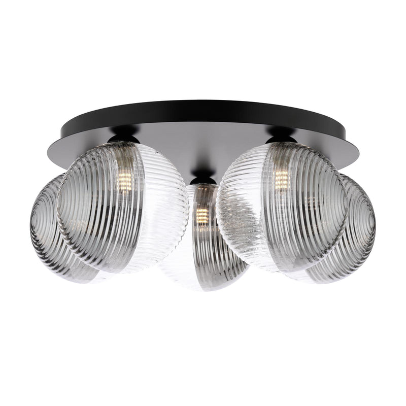 Dar Lighting Foley 5 Light Flush Matt Black With Smoked/Clear Ribbed Glass • FOL5422-19