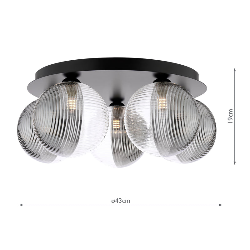 Dar Lighting Foley 5 Light Flush Matt Black With Smoked/Clear Ribbed Glass • FOL5422-19