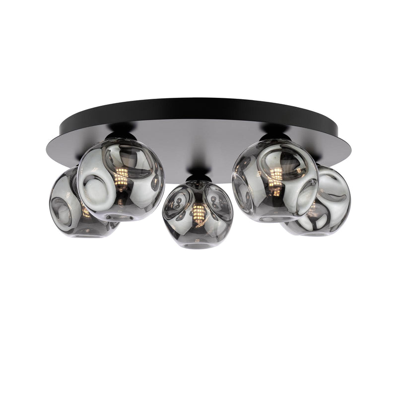 Dar Lighting Foley 5 Light Flush Matt Black With Closed Organic Smoked Glass • FOL5422-28