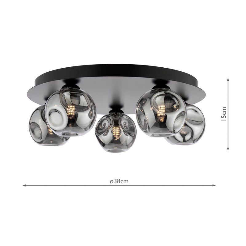 Dar Lighting Foley 5 Light Flush Matt Black With Closed Organic Smoked Glass • FOL5422-28