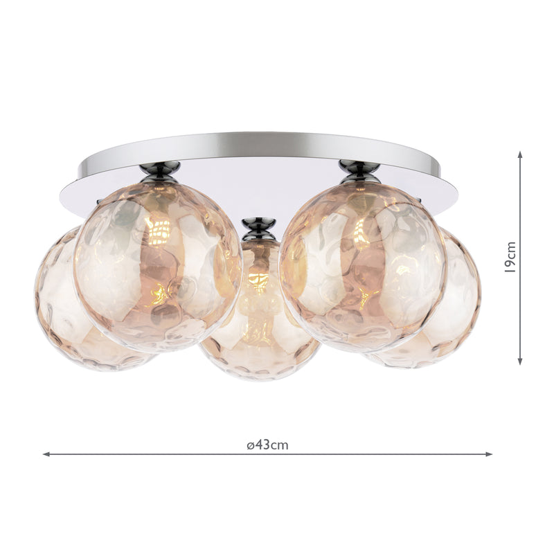Dar Lighting Foley 5 Light Flush Polished Chrome With Amber Dimpled Glass • FOL5450-11