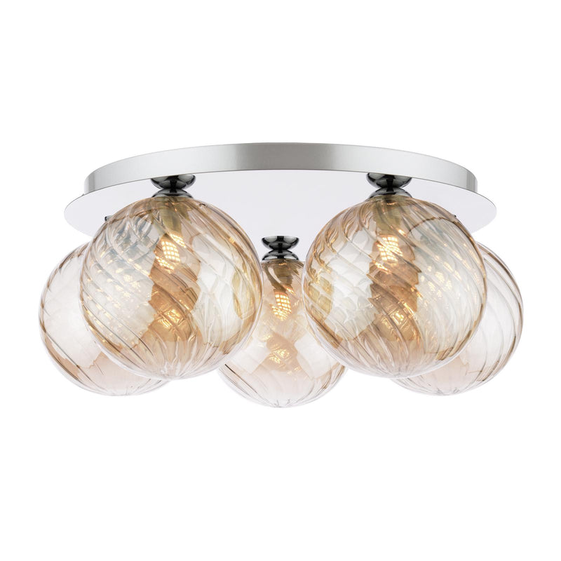 Dar Lighting Foley 5 Light Flush Polished Chrome With Twisted Amber Glass • FOL5450-26