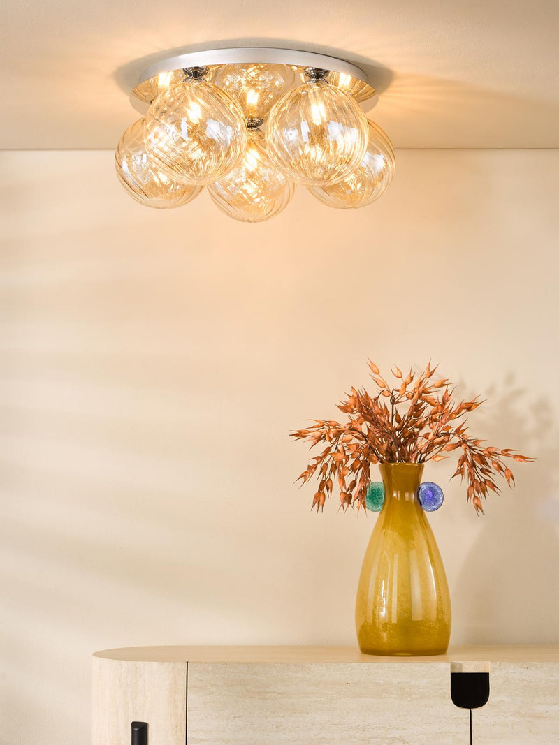 Dar Lighting Foley 5 Light Flush Polished Chrome With Twisted Amber Glass • FOL5450-26