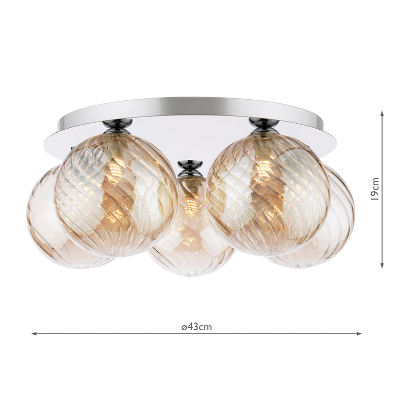 Dar Lighting Foley 5 Light Flush Polished Chrome With Twisted Amber Glass • FOL5450-26