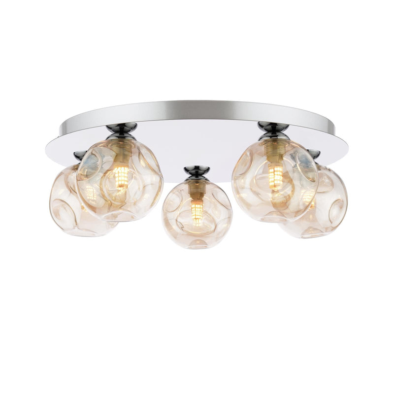 Dar Lighting Foley 5 Light Flush Polished Chrome With Closed Organic Amber Glass • FOL5450-27
