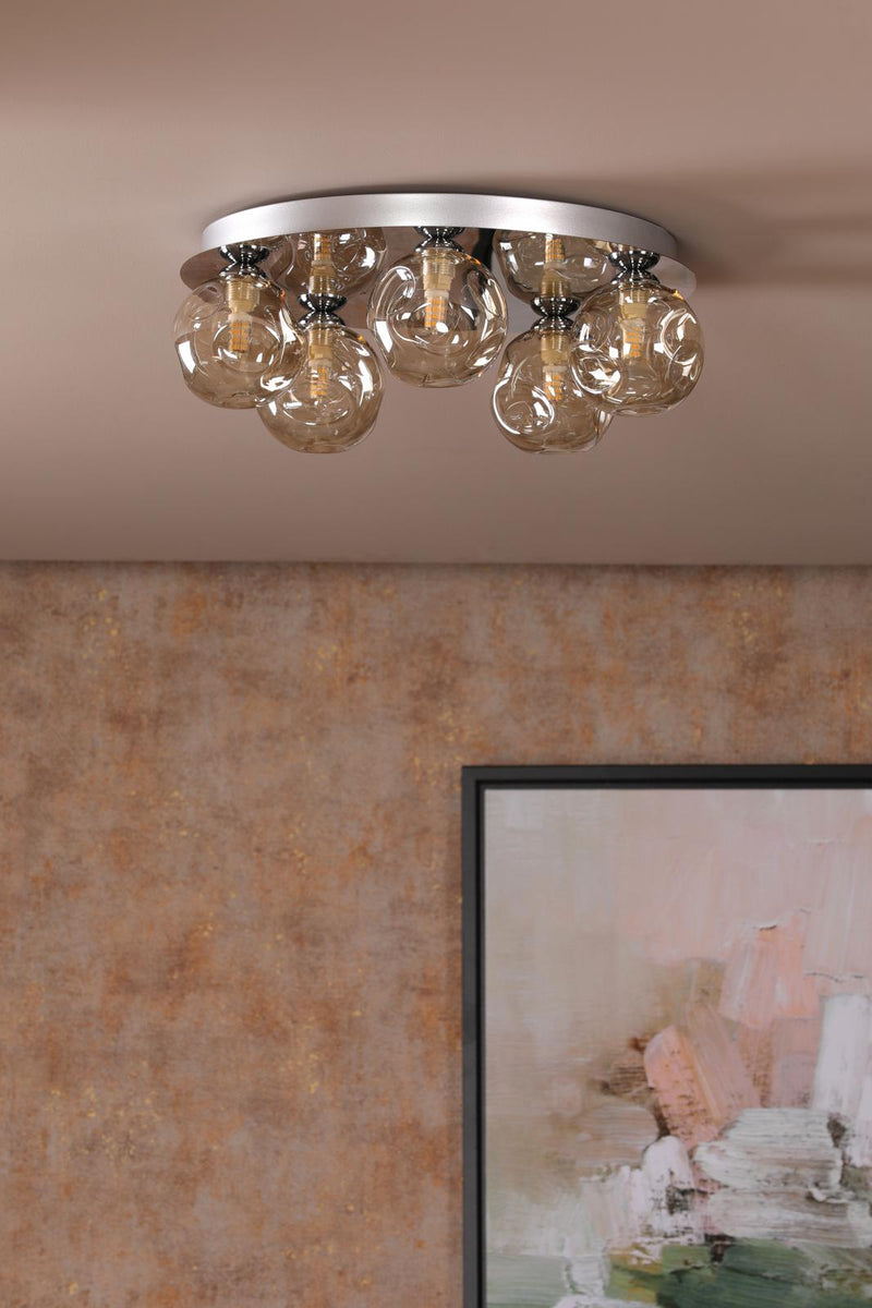 Dar Lighting Foley 5 Light Flush Polished Chrome With Closed Organic Amber Glass • FOL5450-27