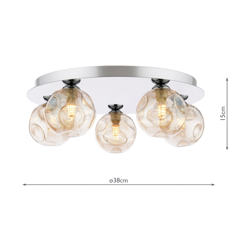 Dar Lighting Foley 5 Light Flush Polished Chrome With Closed Organic Amber Glass • FOL5450-27