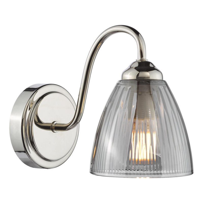 Dar Lighting Glynis Wall Light Polished Nickel and Smoked Ribbed Glass • GLY0738