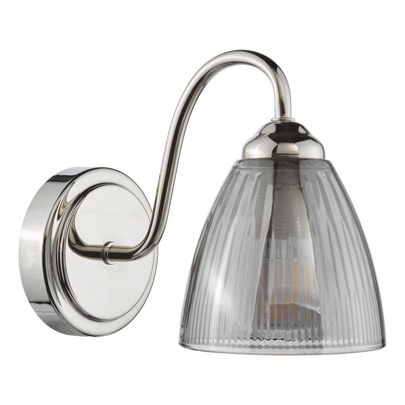 Dar Lighting Glynis Wall Light Polished Nickel and Smoked Ribbed Glass • GLY0738