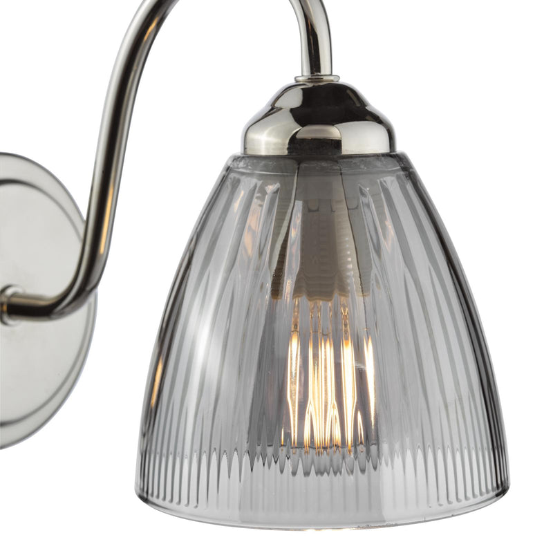 Dar Lighting Glynis Wall Light Polished Nickel and Smoked Ribbed Glass • GLY0738