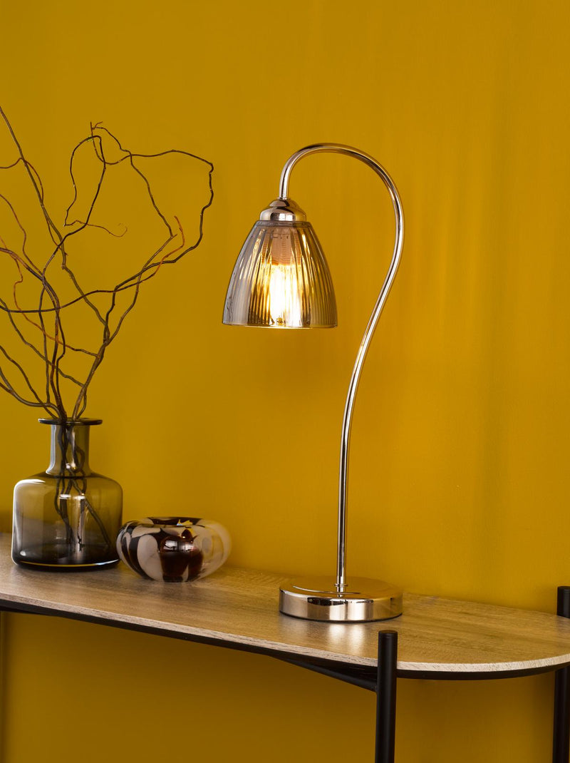 Dar Lighting Glynis Table Lamp Polished Nickel and Smoked Ribbed Glass • GLY4238