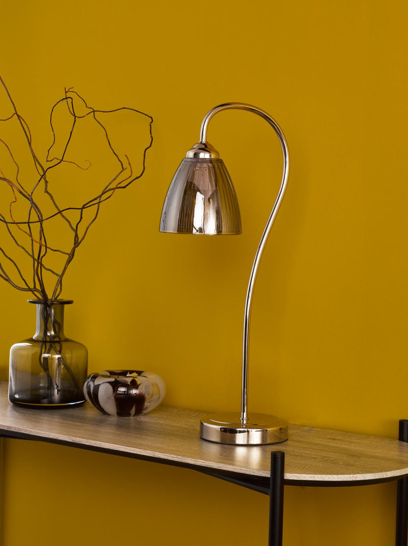 Dar Lighting Glynis Table Lamp Polished Nickel and Smoked Ribbed Glass • GLY4238