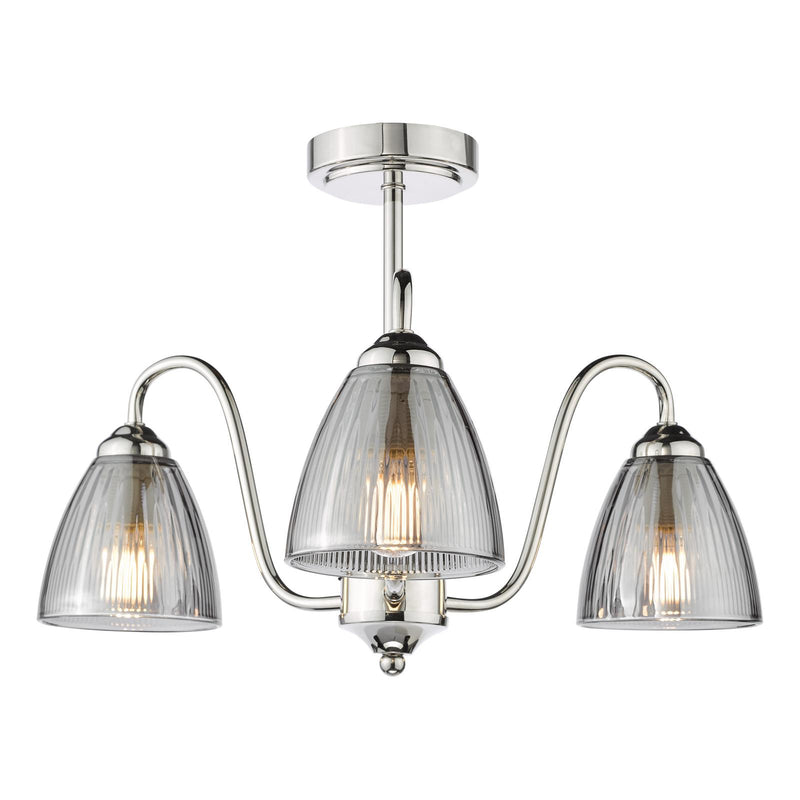 Dar Lighting Glynis 3 Light Semi-Flush Polished Nickel and Smoked Ribbed Glass • GLY5338