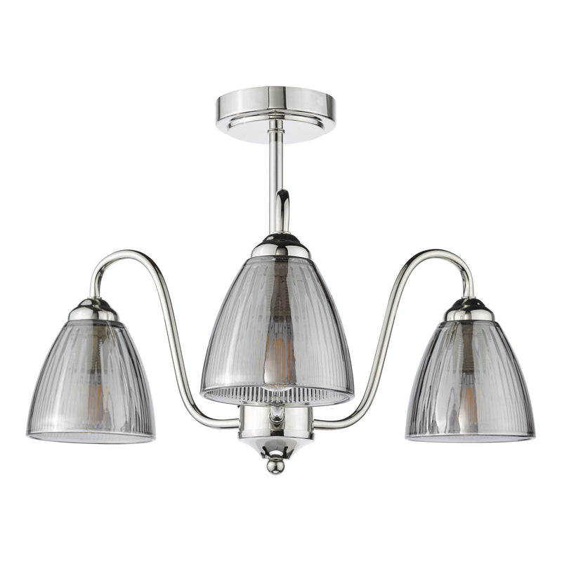 Dar Lighting Glynis 3 Light Semi-Flush Polished Nickel and Smoked Ribbed Glass • GLY5338