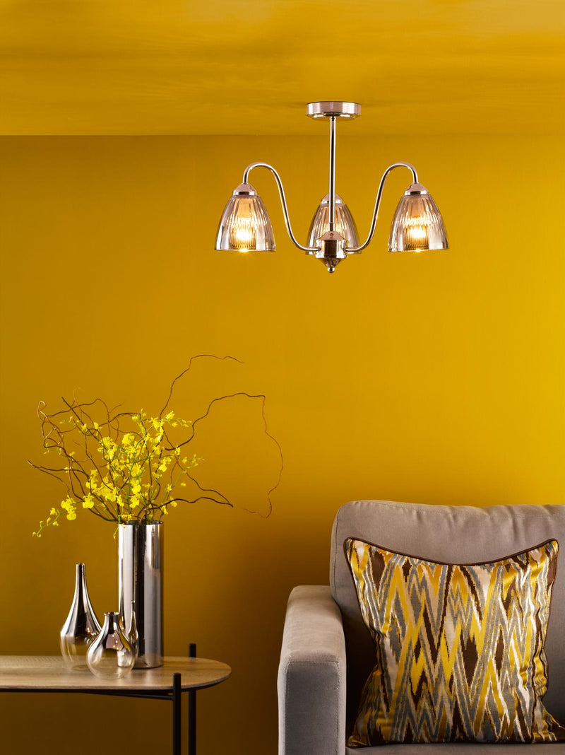Dar Lighting Glynis 3 Light Semi-Flush Polished Nickel and Smoked Ribbed Glass • GLY5338
