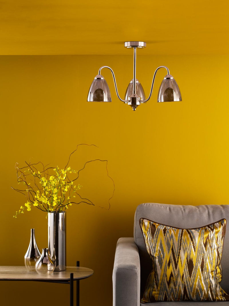 Dar Lighting Glynis 3 Light Semi-Flush Polished Nickel and Smoked Ribbed Glass • GLY5338