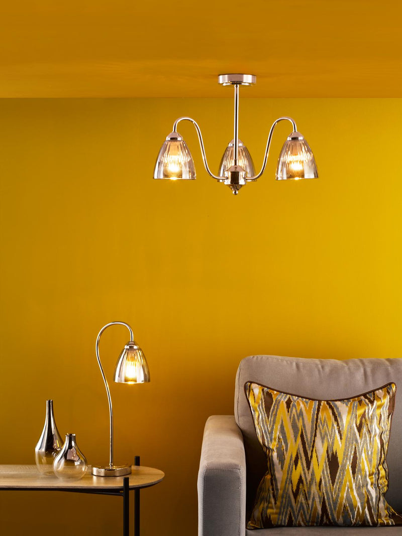 Dar Lighting Glynis 3 Light Semi-Flush Polished Nickel and Smoked Ribbed Glass • GLY5338