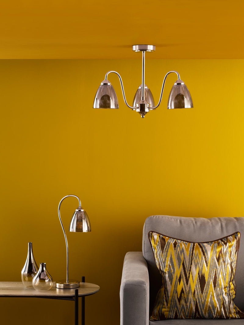 Dar Lighting Glynis 3 Light Semi-Flush Polished Nickel and Smoked Ribbed Glass • GLY5338