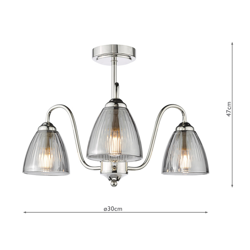 Dar Lighting Glynis 3 Light Semi-Flush Polished Nickel and Smoked Ribbed Glass • GLY5338