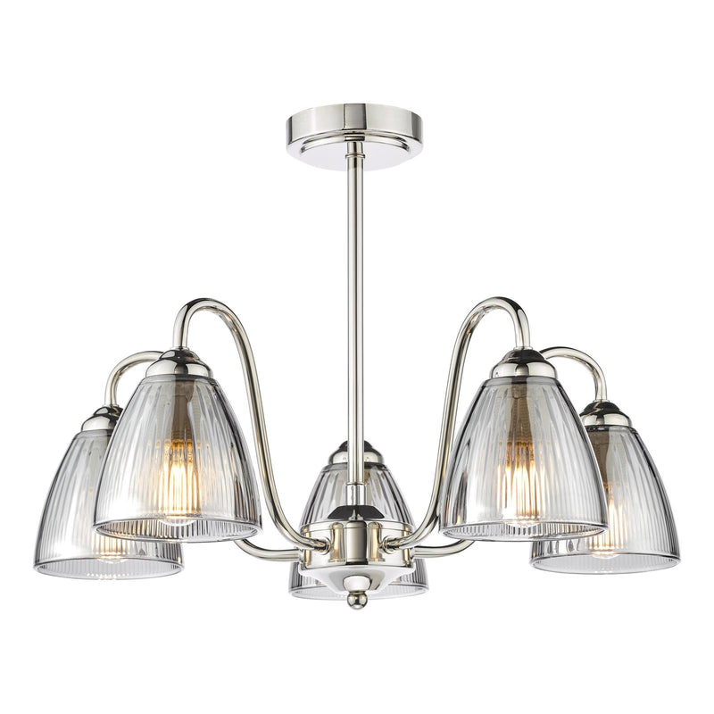 Dar Lighting Glynis 5 Light Semi-Flush Polished Nickel and Smoked Ribbed Glass • GLY5438