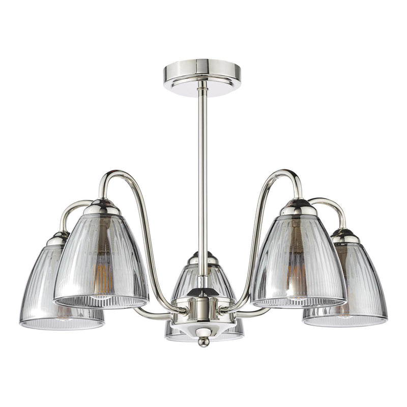 Dar Lighting Glynis 5 Light Semi-Flush Polished Nickel and Smoked Ribbed Glass • GLY5438