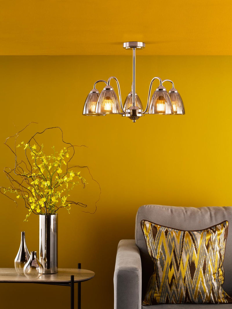 Dar Lighting Glynis 5 Light Semi-Flush Polished Nickel and Smoked Ribbed Glass • GLY5438