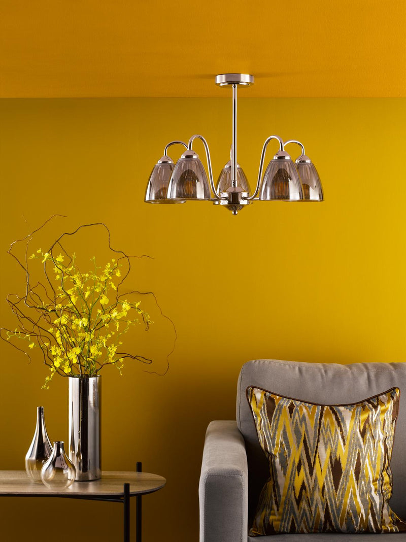 Dar Lighting Glynis 5 Light Semi-Flush Polished Nickel and Smoked Ribbed Glass • GLY5438