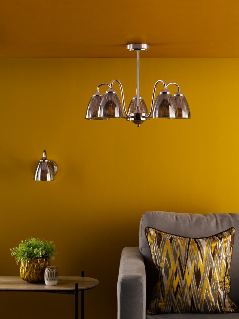 Dar Lighting Glynis 5 Light Semi-Flush Polished Nickel and Smoked Ribbed Glass • GLY5438