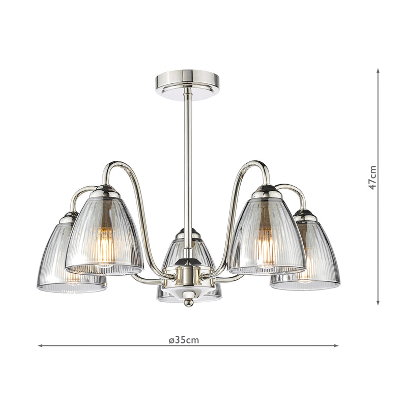 Dar Lighting Glynis 5 Light Semi-Flush Polished Nickel and Smoked Ribbed Glass • GLY5438
