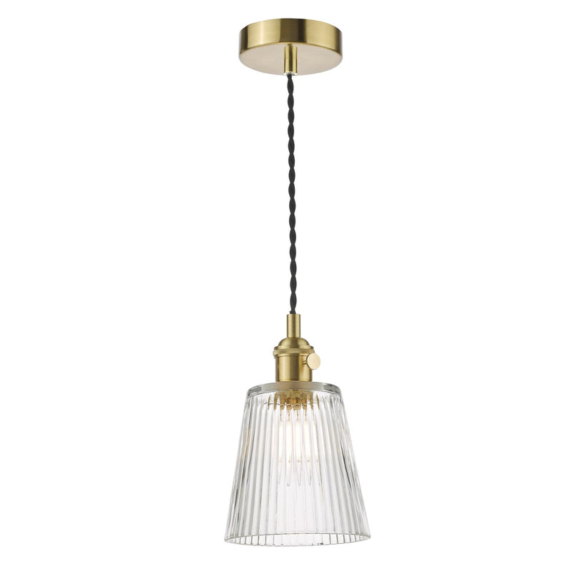 Dar Lighting Hadano Pendant Natural Brass With Ribbed Glass Shade • HAD0140-05