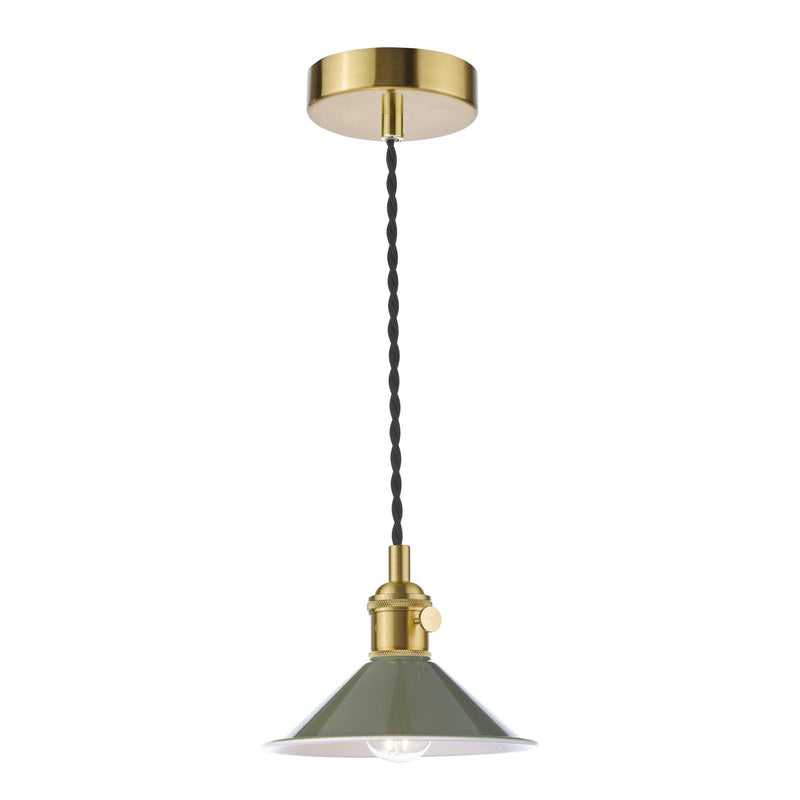 Dar Lighting Hadano 1 Light Pendant Natural Brass With Olive Green Shade • HAD0140-07