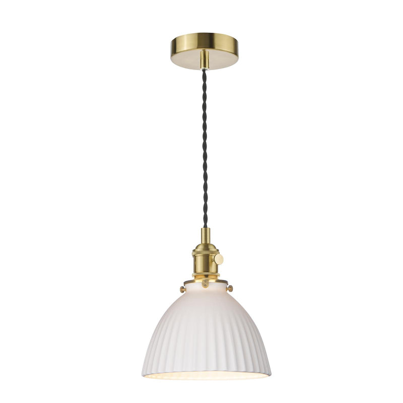 Dar Lighting Hadano Pendant Natural Brass & Ceramic Domed Shade • HAD0140-09