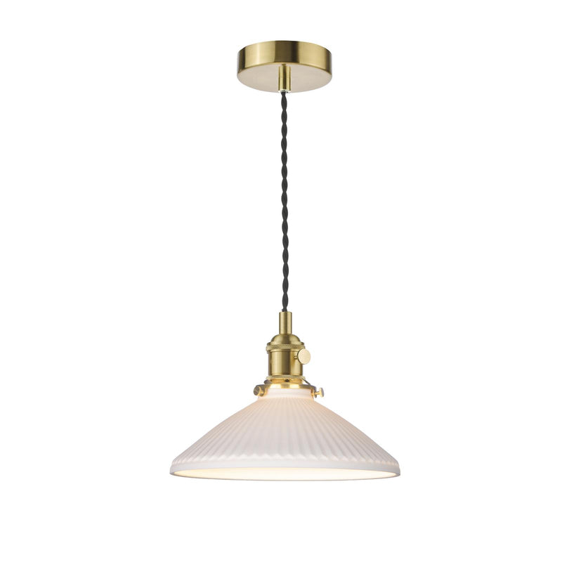 Dar Lighting Hadano Pendant Natural Brass & Ceramic Shallow Shade • HAD0140-10