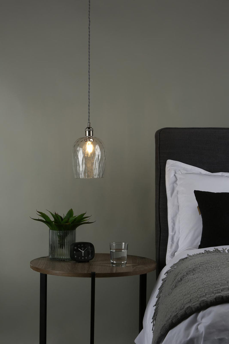 Dar Lighting Hadano Pendant Antique Chrome With Dimpled Glass Shade • HAD0161-03