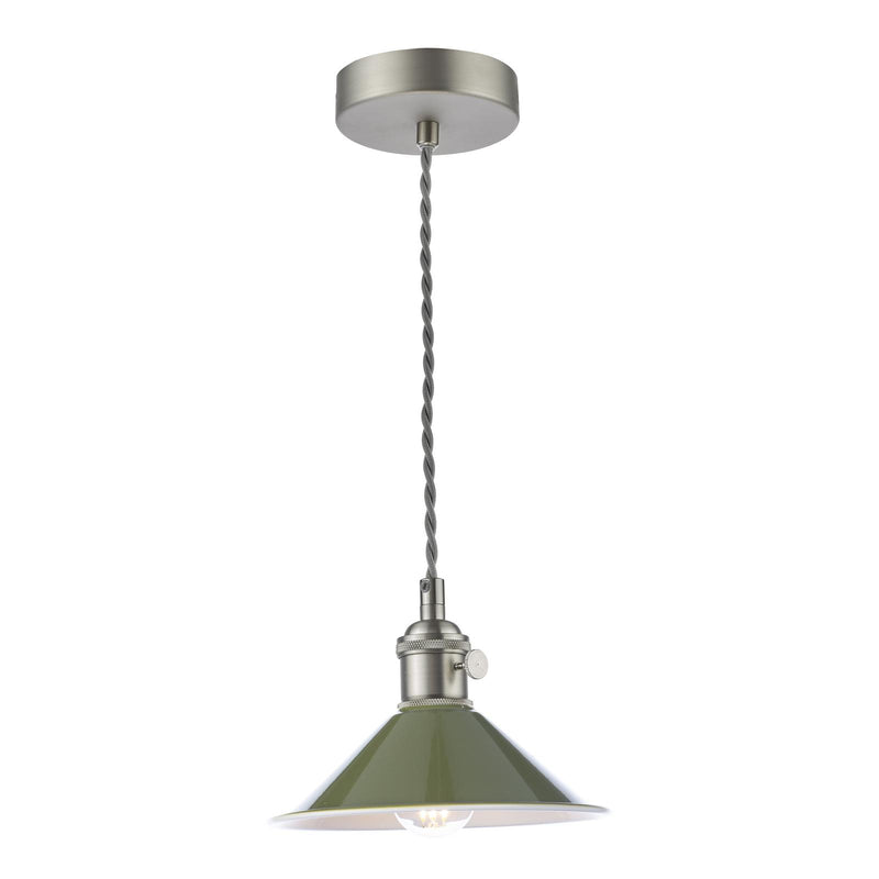 Dar Lighting Hadano 1 Light Pendant Antique Chrome With Olive Green Shade • HAD0161-07