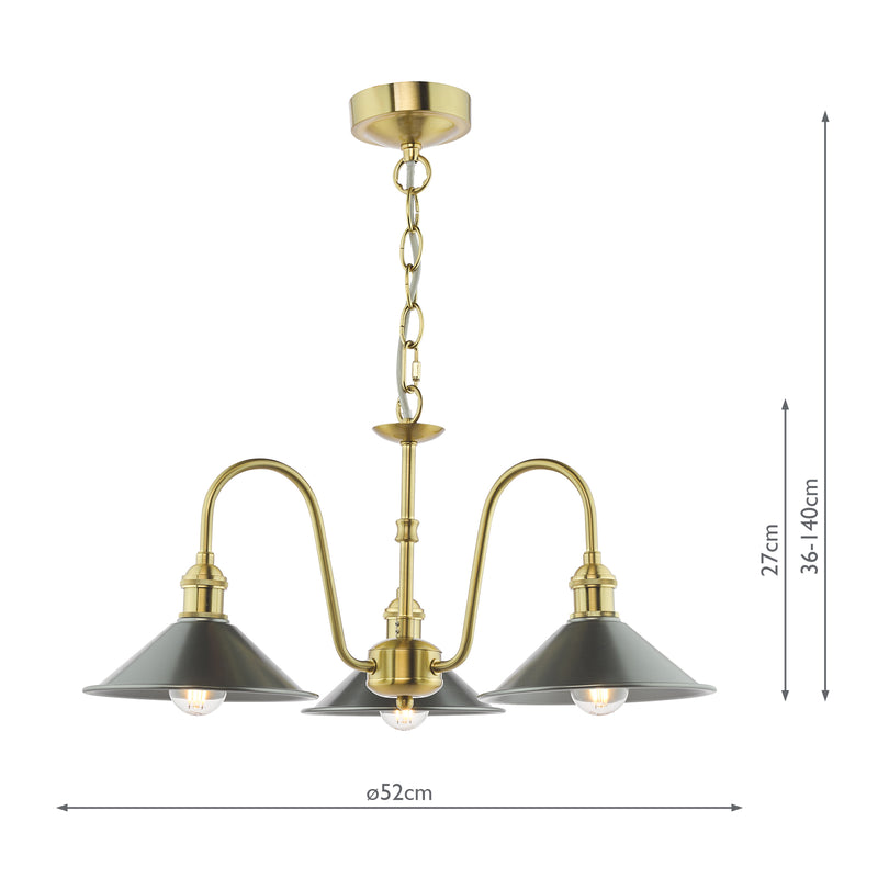 Dar Lighting Hadano 3 Light Pendant Natural Brass and Antique Pewter • HAD0340-02