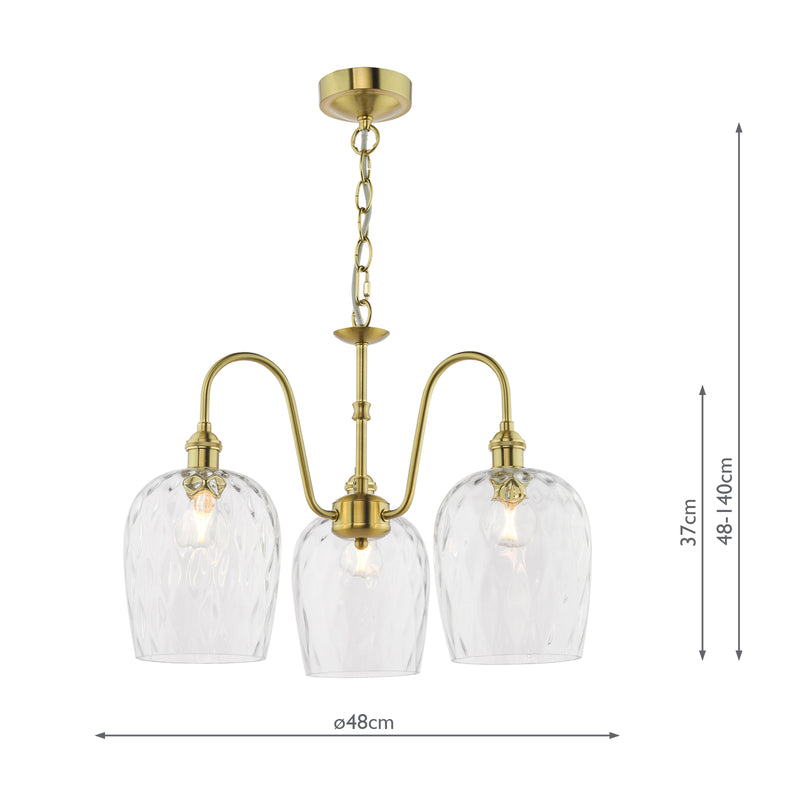 Dar Lighting Hadano 3 Light Pendant Natural Brass and Glass • HAD0340-03