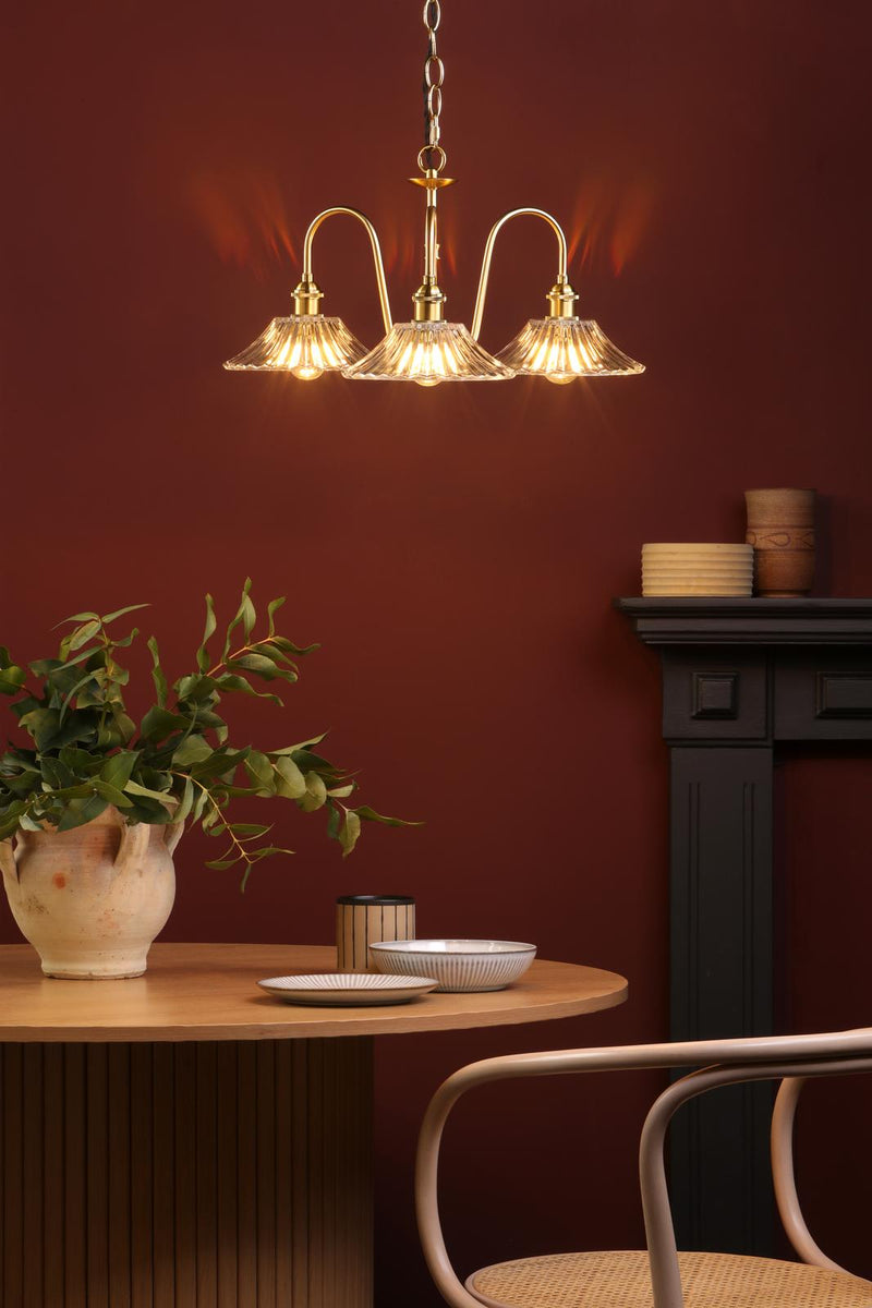 Dar Lighting Hadano 3 Light Pendant Natural Brass and Glass • HAD0340-04