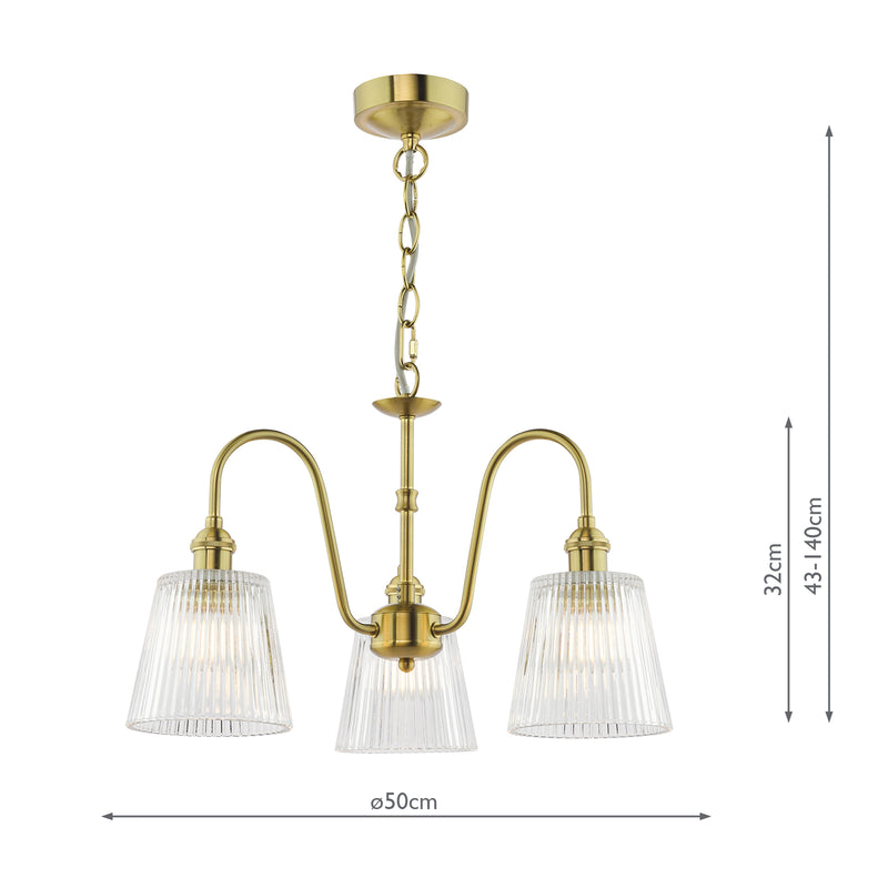 Dar Lighting Hadano 3 Light Pendant Natural Brass and Ribbed Glass • HAD0340-05