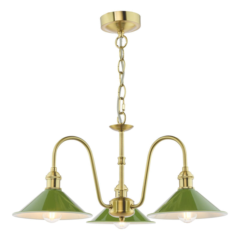 Dar Lighting Hadano 3 Light Pendant Natural Brass and Matt Green • HAD0340-07