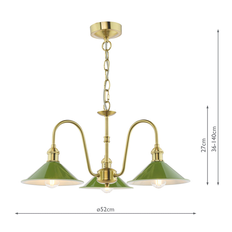 Dar Lighting Hadano 3 Light Pendant Natural Brass and Matt Green • HAD0340-07