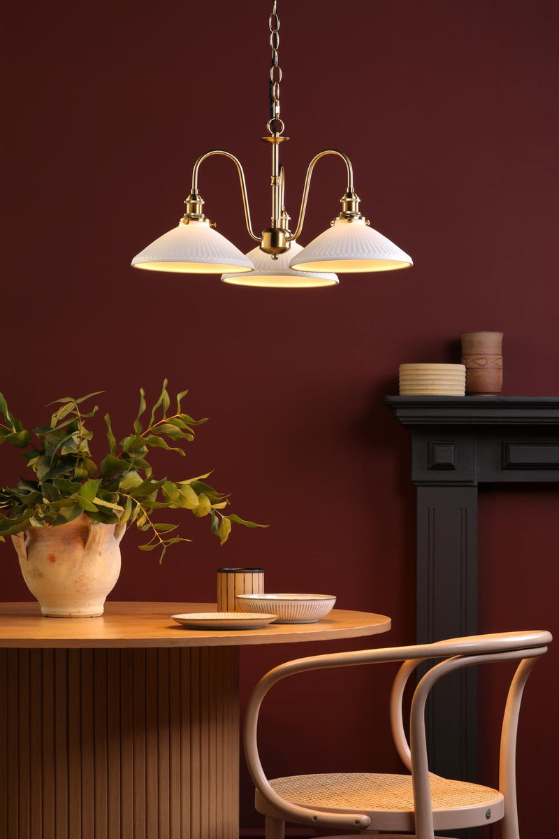 Dar Lighting Hadano 3 Light Pendant Natural Brass and White • HAD0340-10
