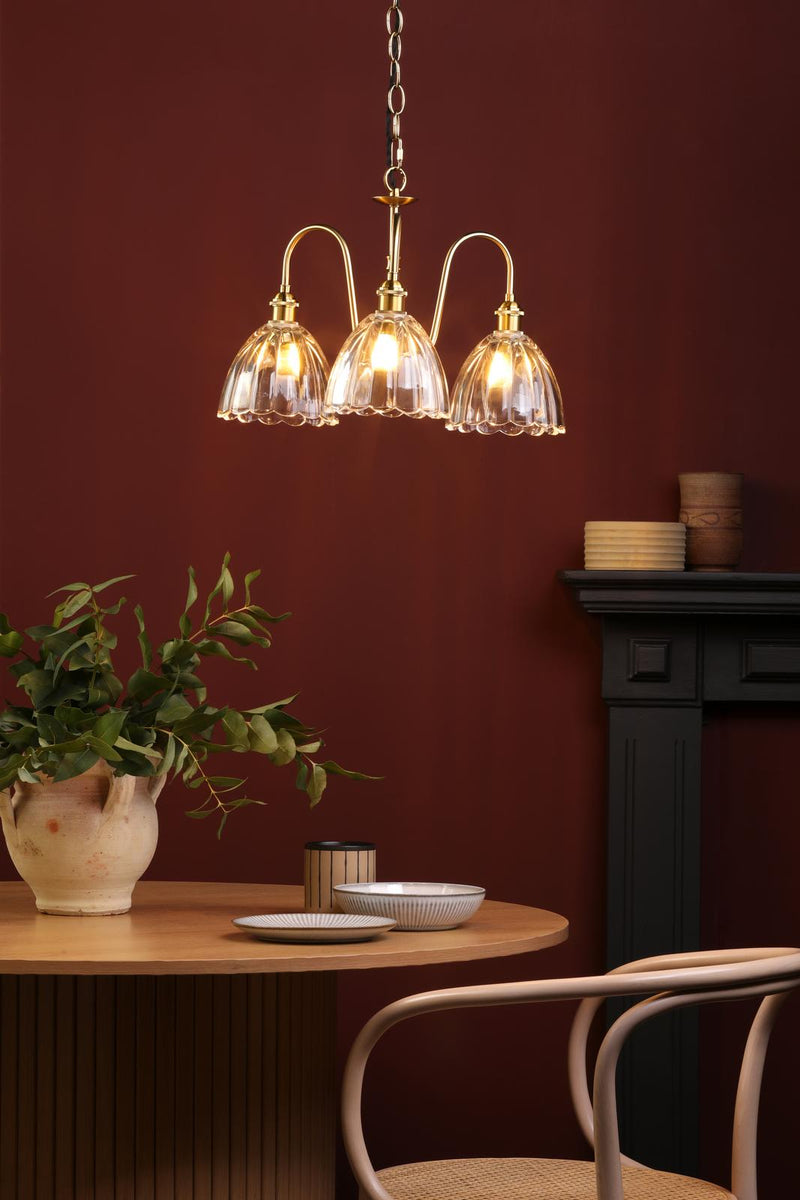 Dar Lighting Hadano 3 Light Pendant Natural Brass and Glass • HAD0340-11