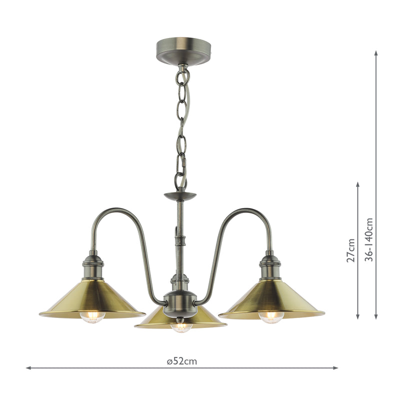 Dar Lighting Hadano 3 Light Pendant Antique Chrome and Aged Brass • HAD0361-01