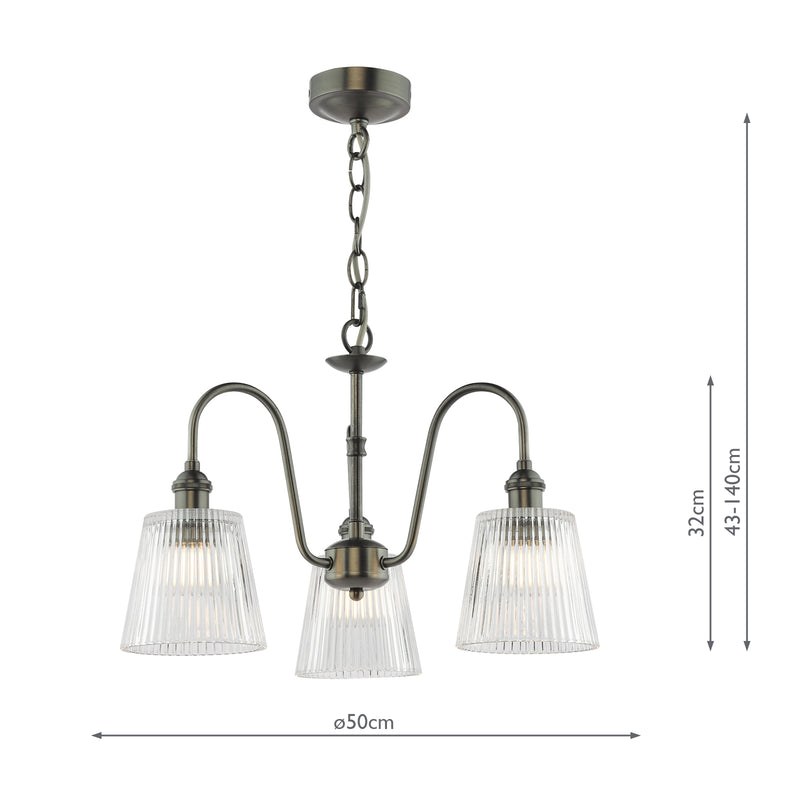 Dar Lighting Hadano 3 Light Pendant Antique Chrome and Ribbed Glass • HAD0361-05