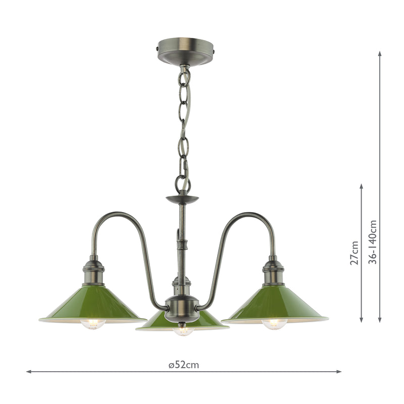 Dar Lighting Hadano 3 Light Pendant Antique Chrome and Matt Green • HAD0361-07